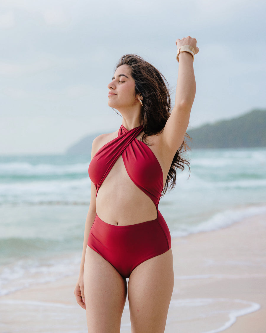 Simran Bejwani in Oxblood Bikini Set