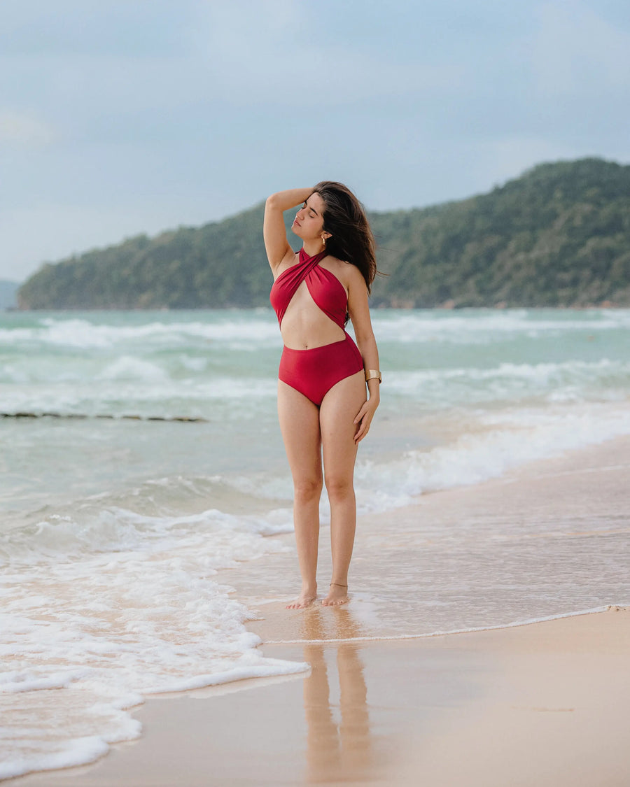 Simran Bejwani in Oxblood Bikini Set