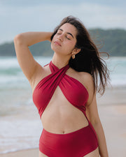 Simran Bejwani in Oxblood Bikini Set